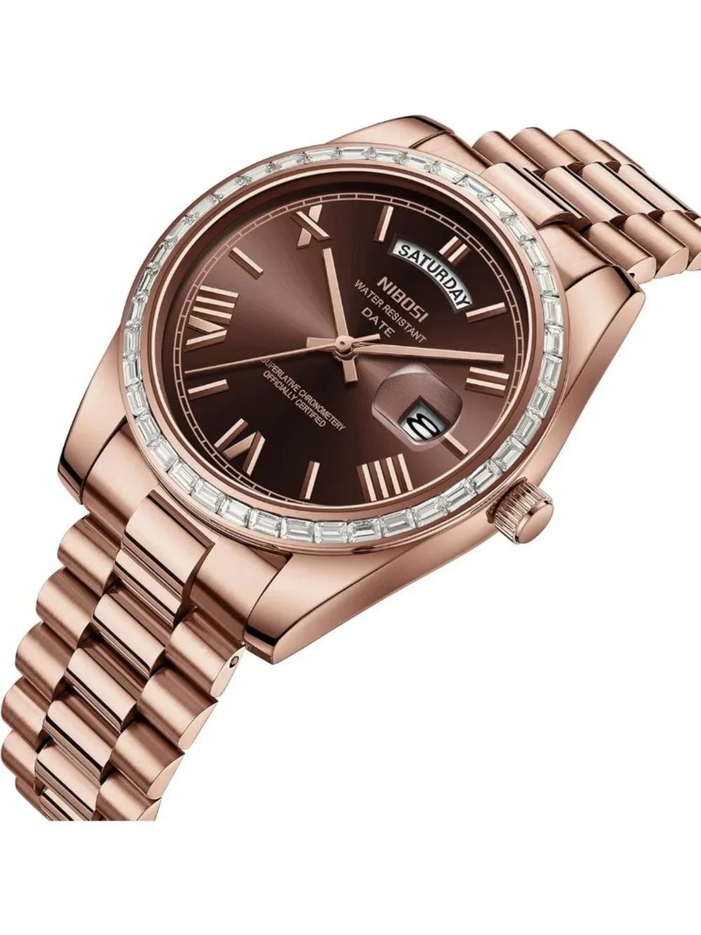 Luxury Men's Analog Quartz Watch, Rose Gold Stainless Steel, Waterproof, Brown